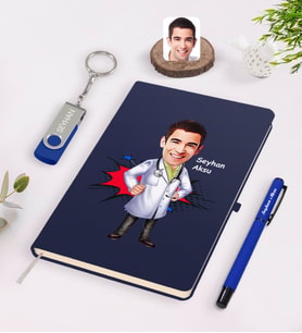 BK Gift Kişiye Özel Erkek Doktor Karikatürlü Lacivert Defter Kalem 32gb USB Bellek Hediye Seti-2 (Model 1)