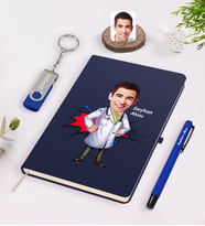 BK Gift Kişiye Özel Erkek Doktor Karikatürlü Lacivert Defter Kalem 32gb USB Bellek Hediye Seti-2 (Model 1)