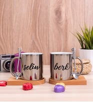 Çiftlere Özel İsimli Ahşap Altlıklı İkili Silver Kupa Bardak