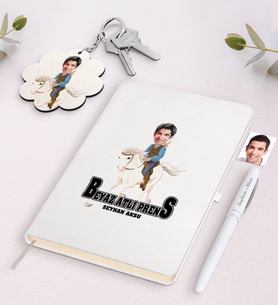 BK Gift Kişiye Özel Beyaz Atlı Prens Karikatürlü Beyaz Defter Kalem ve Anahtarlık Hediye Seti-3 (Model 1)