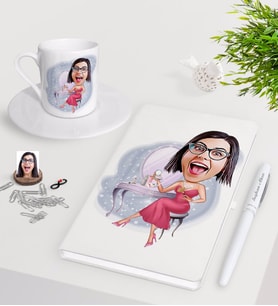 BK Gift Kişiye Özel Bayan Karikatürlü Beyaz Defter Kalem Türk Kahvesi Fincanı Seti-23 (Model 1)