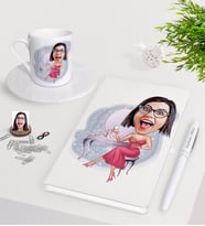 BK Gift Kişiye Özel Bayan Karikatürlü Beyaz Defter Kalem Türk Kahvesi Fincanı Seti-23 (Model 1)