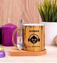 Emoji Tasarım Ahşap Altlıklı Gold Kupa Bardak