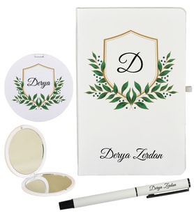 Kişiye Özel Hazırlanmış Hediye Beyaz Defter Roller Kalem ve Ayna Seti