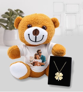 Kişiye Özel Peluş Ayıcık & Gold Renk Mini Yonca Kolye Hediye Seti