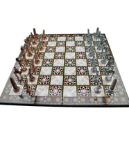 Metal Mısır Satranç Takımı Antik ve Katlanır Sedef Desenli MDF Ahşap Satranç Tahta (43x43 cm.) (Çok Renkli)