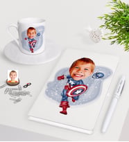 BK Gift Kişiye Özel Çocuk Kaptan Amerika Karikatürlü Beyaz Defter Kalem Türk Kahvesi Fincanı Seti-1 (Model 1)
