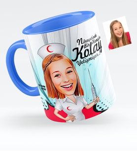 BK Gift Kişiye Özel Hemşire Karikatürlü Mavi Kupa Bardak  1