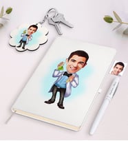 BK Gift Kişiye Özel Erkek Kimyager Karikatürlü Beyaz Defter Kalem ve Anahtarlık Hediye Seti-2 (Model 1)
