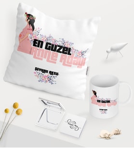 BK Gift Kişiye Özel En Güzel Anne Adayı Beyaz Kupa Ayna Yastık Seti - 2 (Model 1)