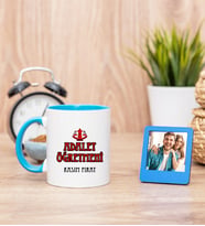 Adalet Öğretmeni Mavi Kupa Bardak ve Mavi Mini Fotoğraf Çerçevesi