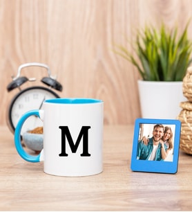 Baş Harfli Mavi Kupa Bardak ve Mavi Mini Fotoğraf Çerçevesi