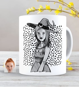 BK Gift Kişiye Özel Bayan Cadılar Bayramı Karikatürlü Beyaz Kupa Bardak