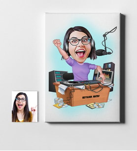 BK Gift Kişiye Özel Bayan Radyocu Karikatür Kanvas Tablo 50x70cm 1