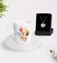 BK Gift Kişiye Özel Resim Öğretmeni Türk Kahvesi Fincanı ve İsimli Papatya Kolye Hediye Seti-3 (Model 1)