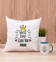 Best Dad Kare Yastık ve Mavi Kupa Bardak