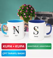 İkili Kişiye Özel Baş Harf ve İsim Yazılı Kupa Bardak Mavi Lacivert