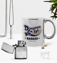 BK Gift Kişiye Özel Dünyanın En İyi Babası Krom Kupa Benzinli Çakmak Kolye Seti-2 (Model 1)