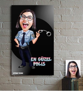BK Gift Kişiye Özel En Güzel Polis Karikatür Ahşap Tablo - 1