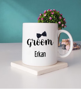 Groom Damat Tasarımlı Kişiye Özel Groom Damat Kupa Bardak ve Taş Bardak Altlığı Hediye Seti