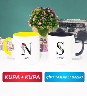 İkili Kişiye Özel Baş Harf ve İsim Yazılı Kupa Bardak Sarı Siyah