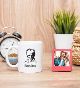 Atatürk Siluetli Beyaz Kupa Bardak ve Kırmızı Mini Fotoğraf Çerçevesi