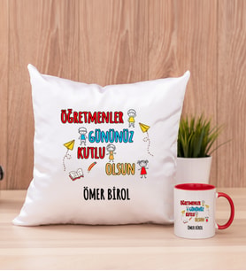 Öğretmenler Günü Kare Yastık ve Kırmızı Kupa Bardak