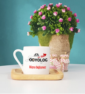 Mesajlı Odyolog Tasarımlı Kişiye Özel Odyolog Ahşap Altlıklı Türk Kahvesi Fincanı