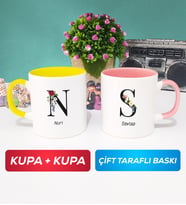 İkili Kişiye Özel Baş Harf ve İsim Yazılı Kupa Bardak Sarı Pembe