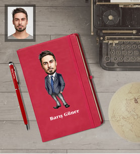 Kişiye Özel Öğretmen Karikatürlü  Kırmızı Defter Kalem Hediye Seti Bay-7