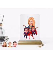 BK Gift Kişiye Özel Süper Anne Süper Çocuklar Karikatürlü Ahşap Standlı Çerçeve (Beyaz)