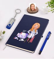 BK Gift Kişiye Özel Kadın Eczacı Karikatürlü Lacivert Defter Kalem 32gb USB Bellek Hediye Seti-3 (Model 1)