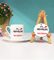 Mesajlı Odyolog Tasarımlı Kişiye Özel Odyolog Türk Kahvesi Fincanı ve Anahtarlık Hediye Seti