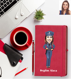Kişiye Özel Polis Karikatürlü Kırmızı Defter Kalem Hediye Seti  Bayan-1