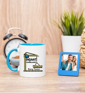 İnşaat Teknolojisi Öğretmeni Mavi Kupa Bardak ve Mavi Mini Fotoğraf Çerçevesi