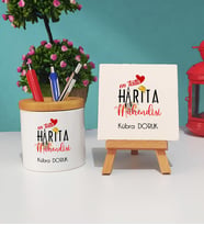 Mesajlı Harita Mühendisi Tasarımlı Kişiye Özel Harita Mühendisi Kalemlik ve Dekoratif Taş Baskı Hediye Seti