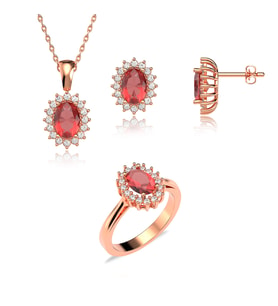 Oval Fuşya Taşlı Anturaj Pırlanta Montür Rose Gümüş Üçlü Set