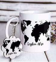BK Gift Kişiye Özel Dünya Haritası Beyaz Kupa ve Anahtarlık Hediye Seti (Model 1)