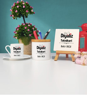 Diyaliz Teknikeri Tasarımlı Kişiye Özel Hediye Diyaliz Teknikeri Türk Kahvesi Fincanı Kalemlik ve Dekoratif Taş Baskı Seti
