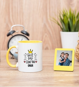 Best Dad Sarı Kupa Bardak ve Sarı Mini Fotoğraf Çerçevesi