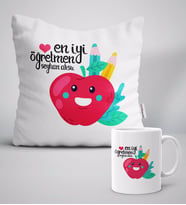 BK Gift Kişiye Özel En İyi Öğretmen Beyaz Yastık Kupa Seti-11 (Model 1)