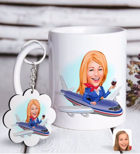 BK Gift Kişiye Özel Hostes Karikatürlü Beyaz Kupa ve Anahtarlık Hediye Seti-1 (Model 1)
