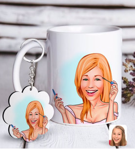 BK Gift Kişiye Özel Bayan Karikatürlü Beyaz Kupa ve Anahtarlık Hediye Seti-21 (Model 1)