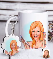 BK Gift Kişiye Özel Bayan Karikatürlü Beyaz Kupa ve Anahtarlık Hediye Seti-21 (Model 1)