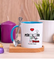 Psikolojik Danışman Ahşap Altlıklı Mavi Kupa Bardak