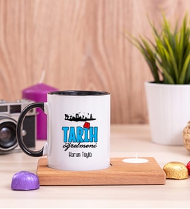 Tarih Öğretmeni Ahşap Altlıklı Mumlu Siyah Kupa Bardak