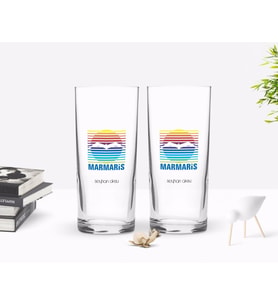 BK Gift Kişiye Özel Renkli Baskılı Marmaris Tasarımlı Turistik İkili Rakı Bardağı Seti-1 (Beyaz)