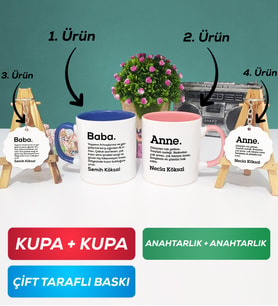 İkili Lacivert Pembe Kişiye Özel Baba ve Anne Kupa Bardak Anahtarlık Hediye Seti