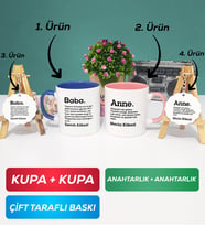 İkili Lacivert Pembe Kişiye Özel Baba ve Anne Kupa Bardak Anahtarlık Hediye Seti