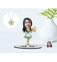 BK Gift Kişiye Özel Kadın Karikatürlü 3D Ahşap Biblo ve İsimli Tarihli Papatya Kolye Seti-30 (Model 1)